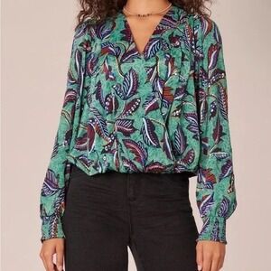 Democracy Womens Teal Leaf Print Surplice Blouse Smocked Cuff Size L